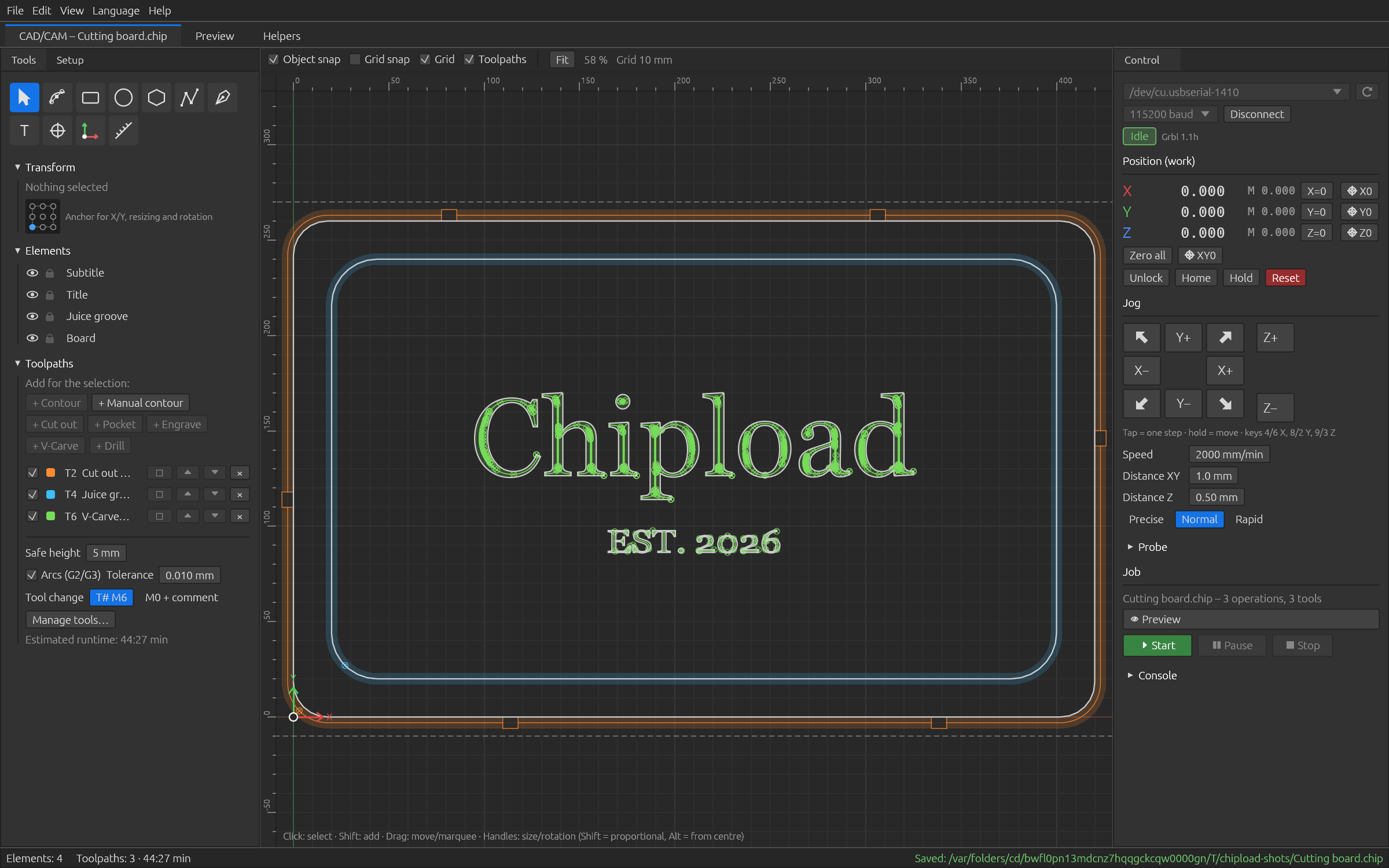 Chipload with a cutting board design, toolpaths and the machine control panel
